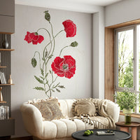 Watercolor style Lonely Red Poppy blooms, decorative floral wall mural.