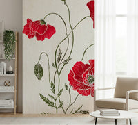 Lush Lonely Red Poppy illustration, beautiful wall covering mural design.
