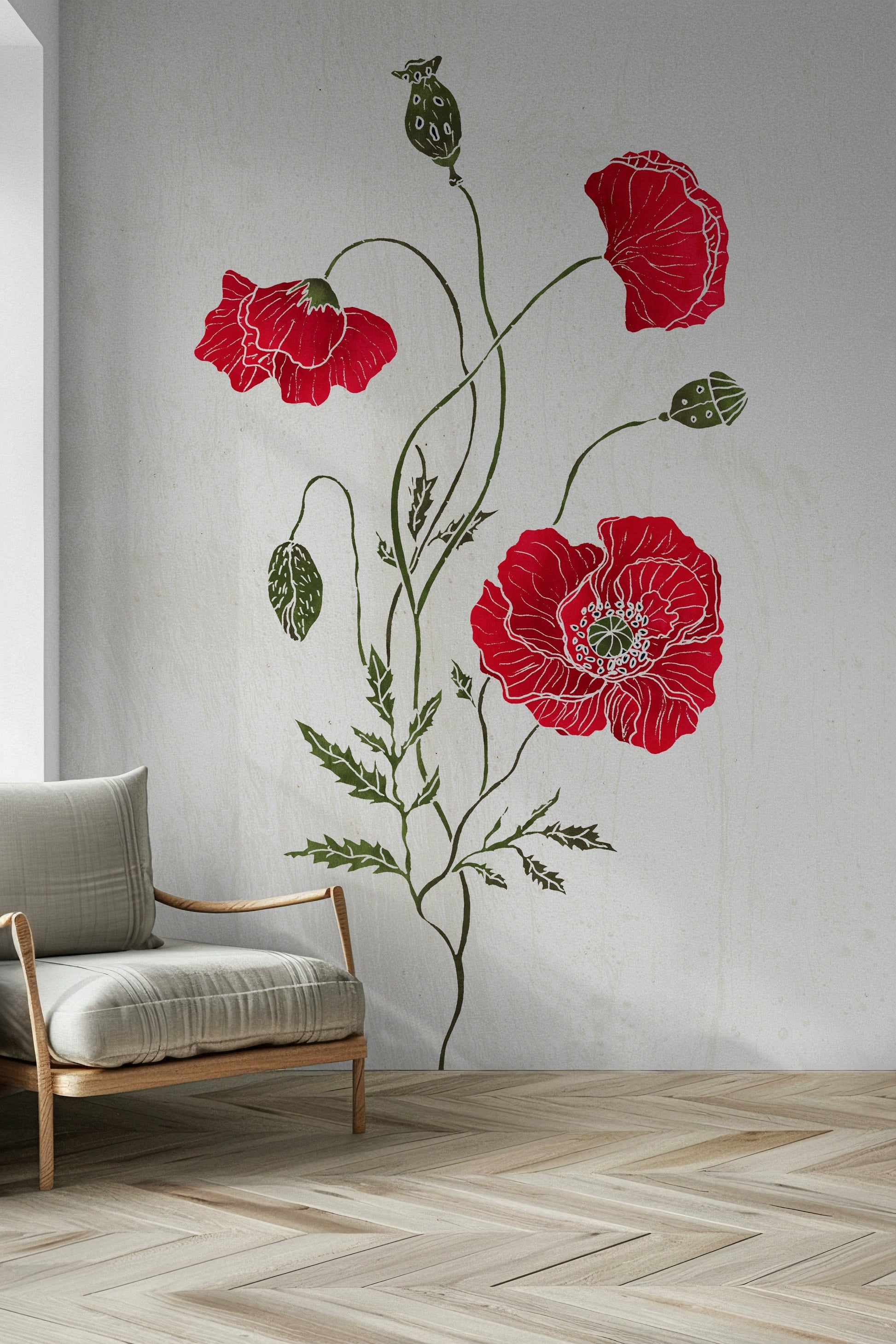 Stunning Lonely Red Poppy wall mural, vibrant red flowers, green stems.