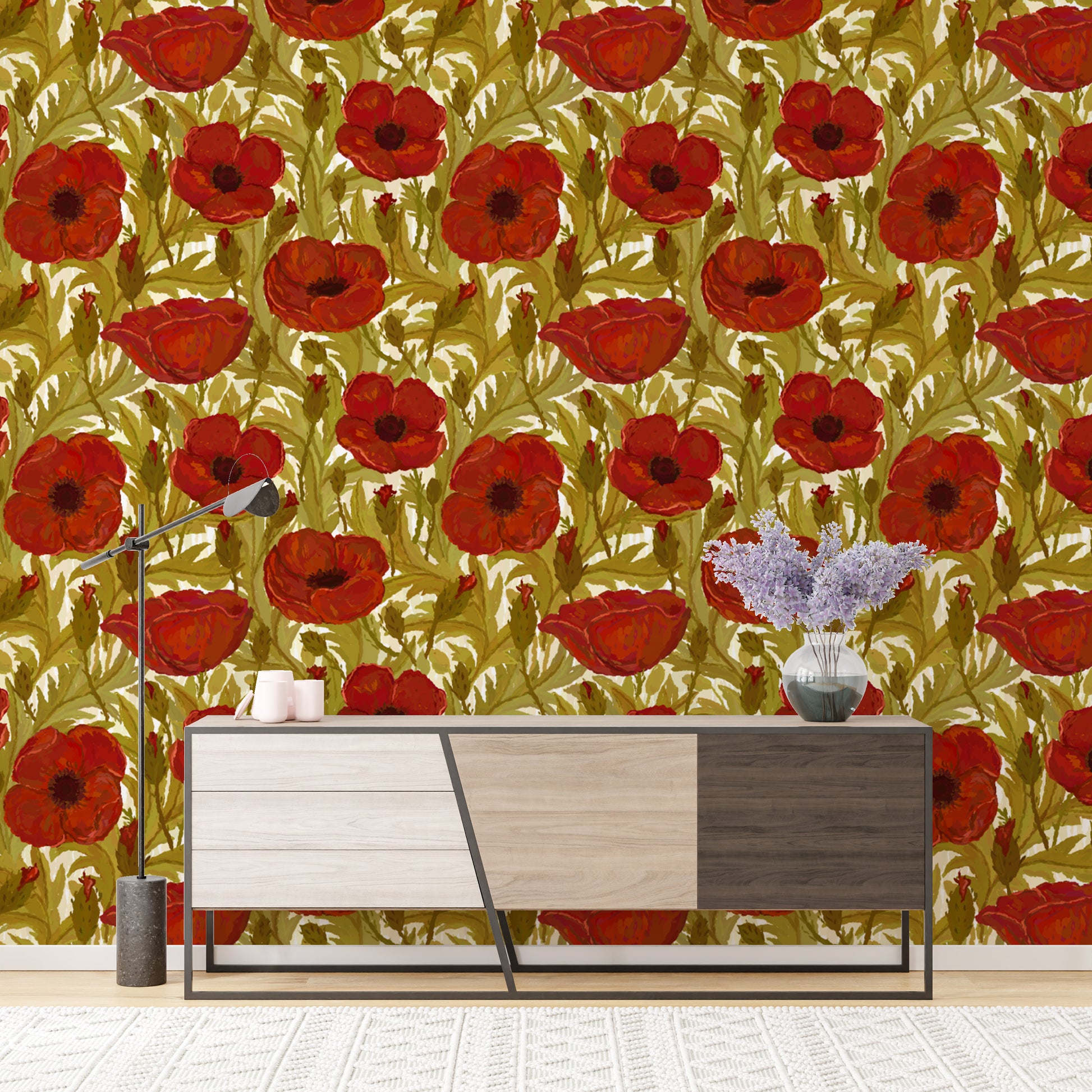 Artistic vintage red poppy wallpaper for unique and graceful walls.
