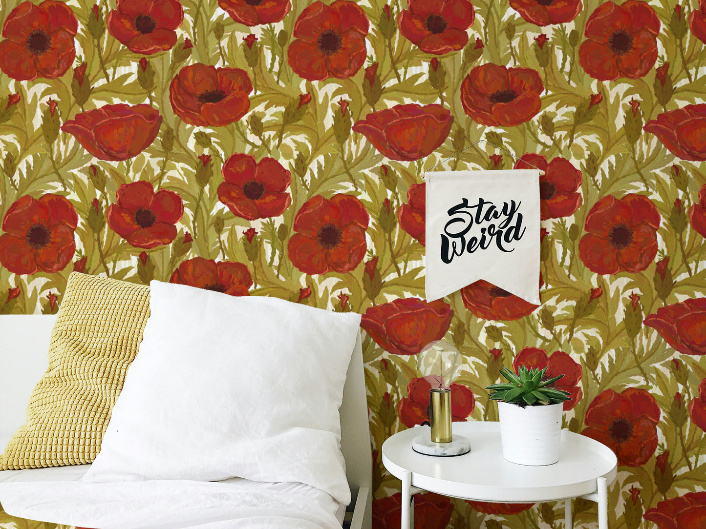 Sophisticated vintage red poppy wallpaper for a nostalgic touch.
