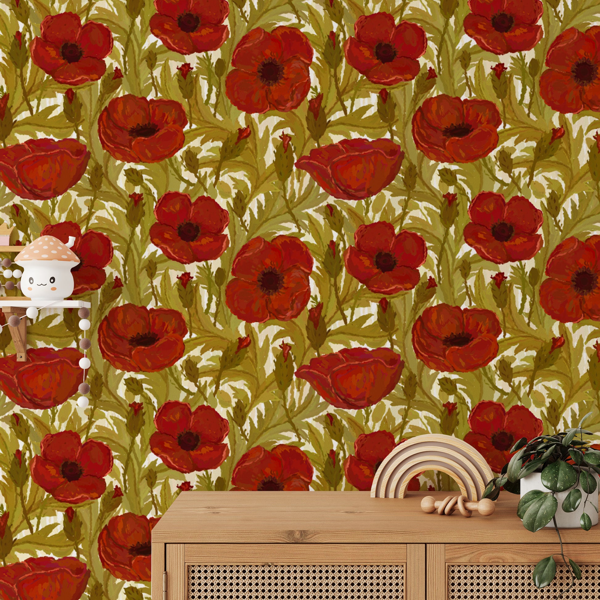 Elegant red poppy vintage wallpaper for timeless classic interiors.
