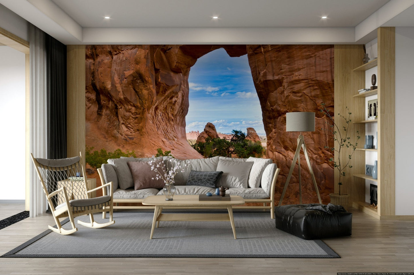 Desert view framed by stone arch
