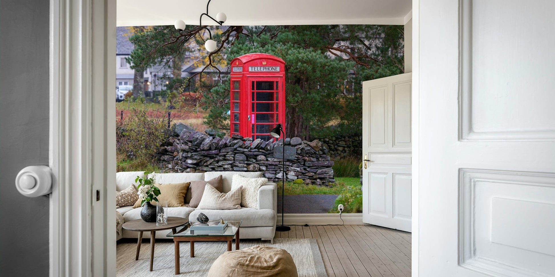 A high-angle view of the wall mural in a large space.

