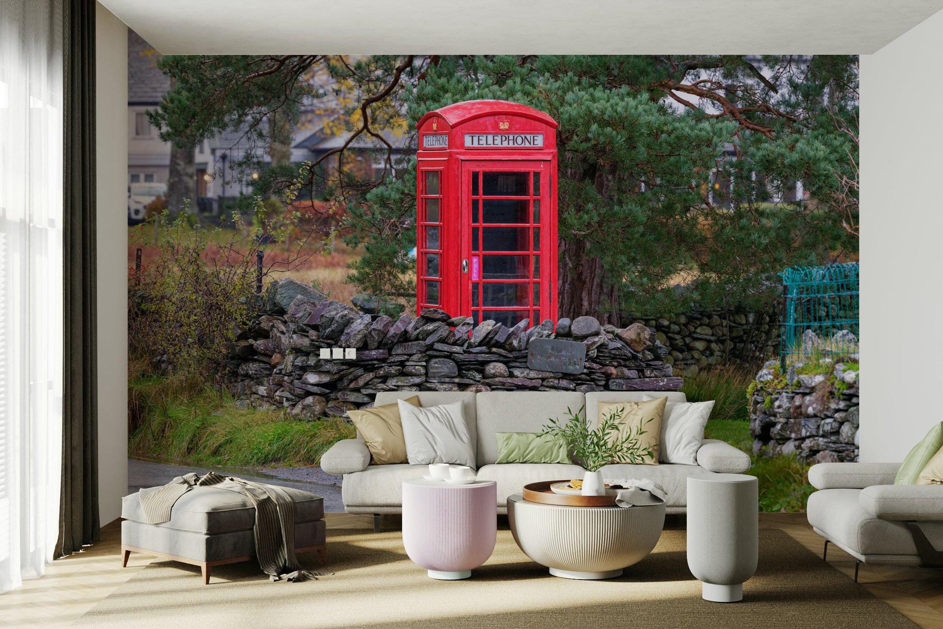 A minimalist home office with the London wallpaper.

