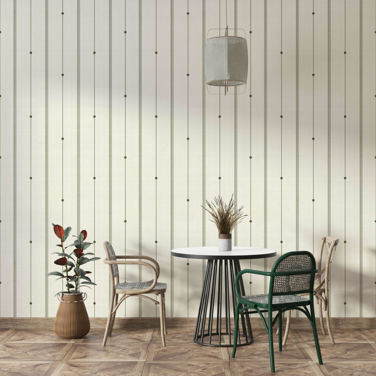Minimalist striped wallpaper in soft buttercream and olive


