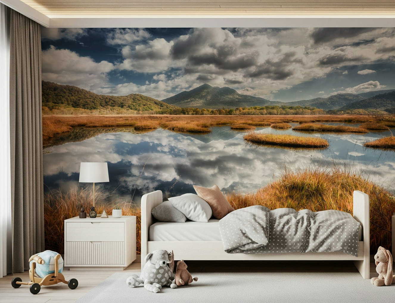 Lake reflection wall mural brightens modern bedroom suite set