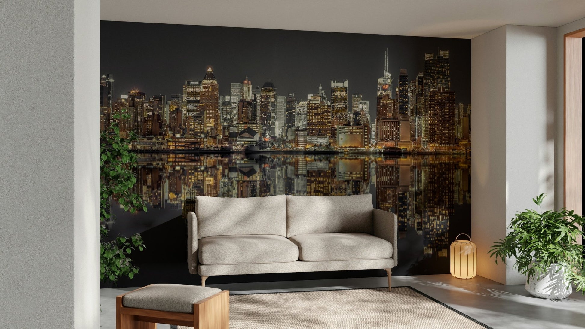 Panoramic view of a city skyline at night.

