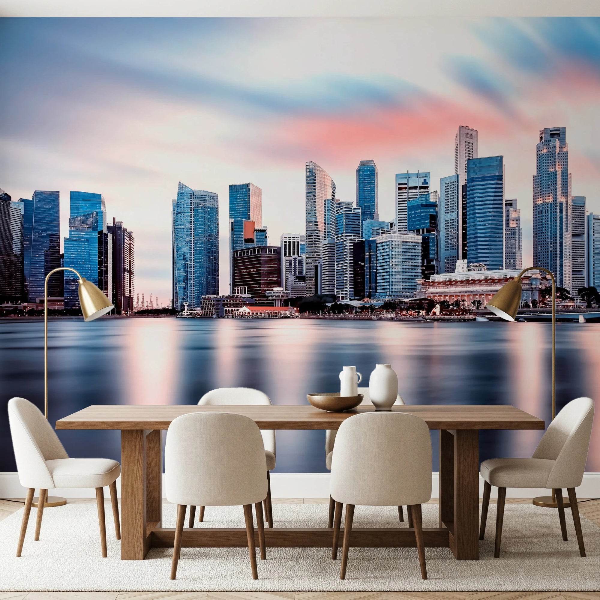 Reflective Metropolis wall mural of a city skyline at dusk behind a wood dining table and cream chairs