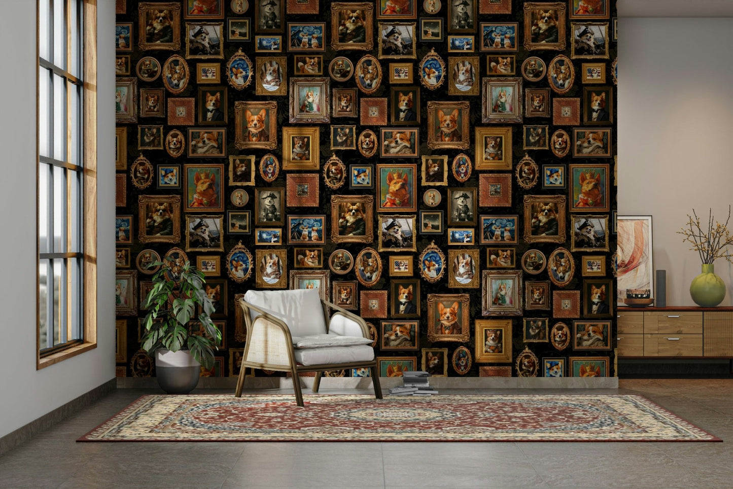 Playful design with corgis wearing crowns and royal accessories.

