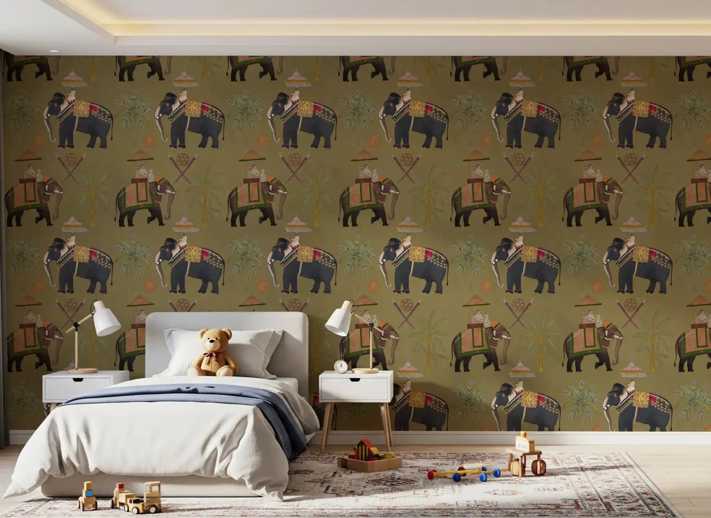 Detailed ceremonial blankets on Regal Elephant Journeys Wall Mural.