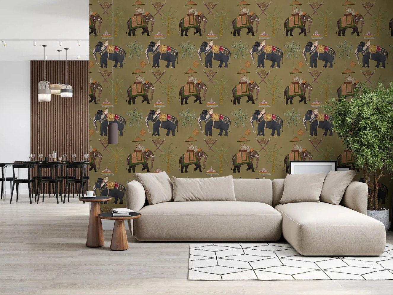 Regal Elephant Journeys Wall Mural for a living room with palm tree illustrations.