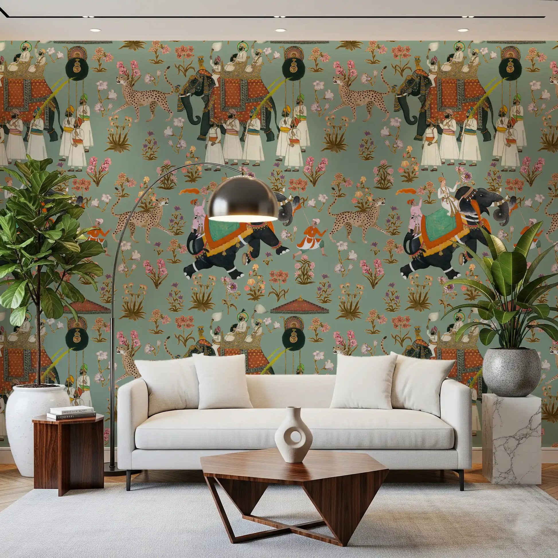 Intricate Indian procession pattern as unique wall decor for hallway surfaces.