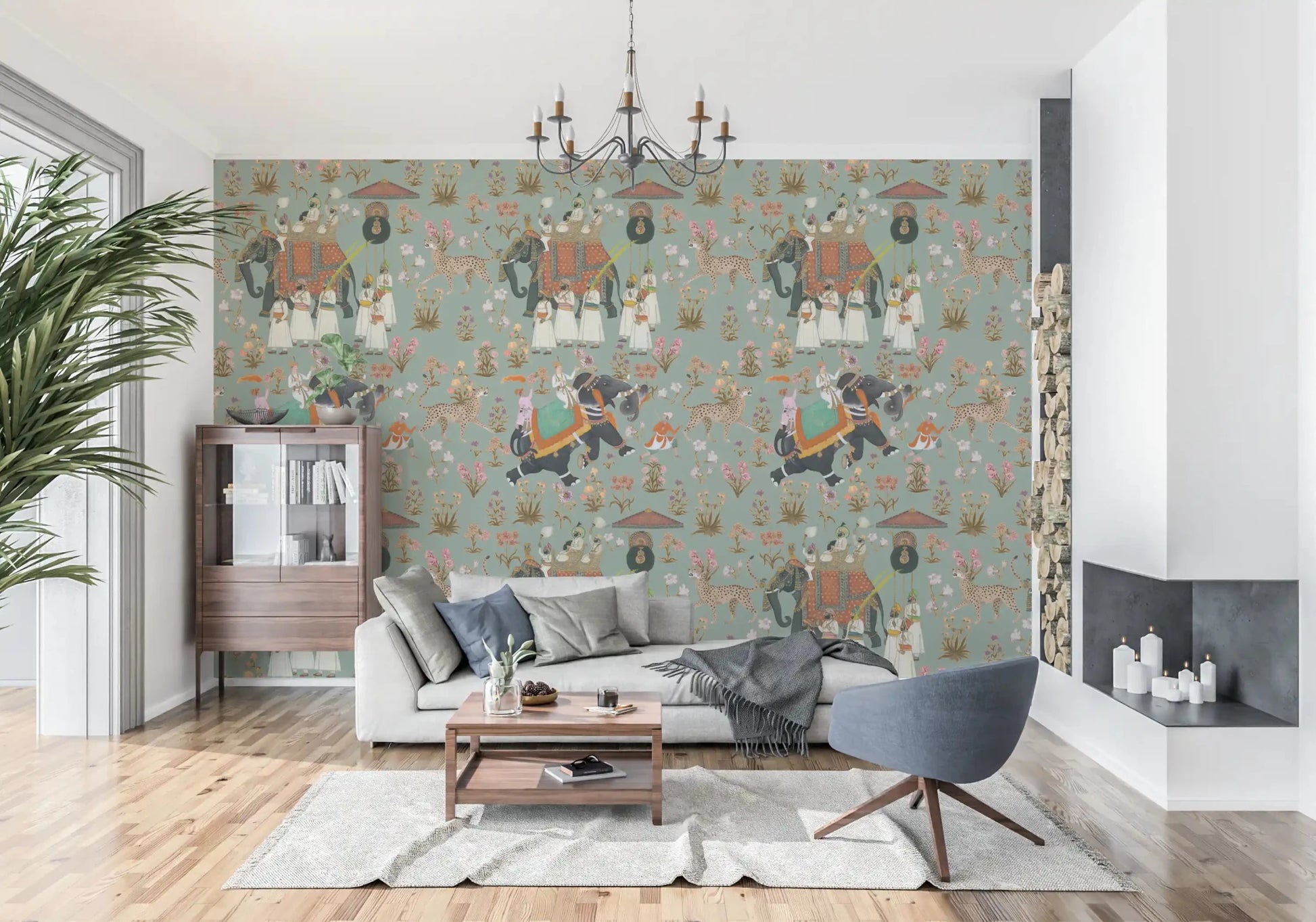 Ornate animal motif hallway mural featuring cultural elephant parade illustration.