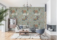 Ornate animal motif hallway mural featuring cultural elephant parade illustration.