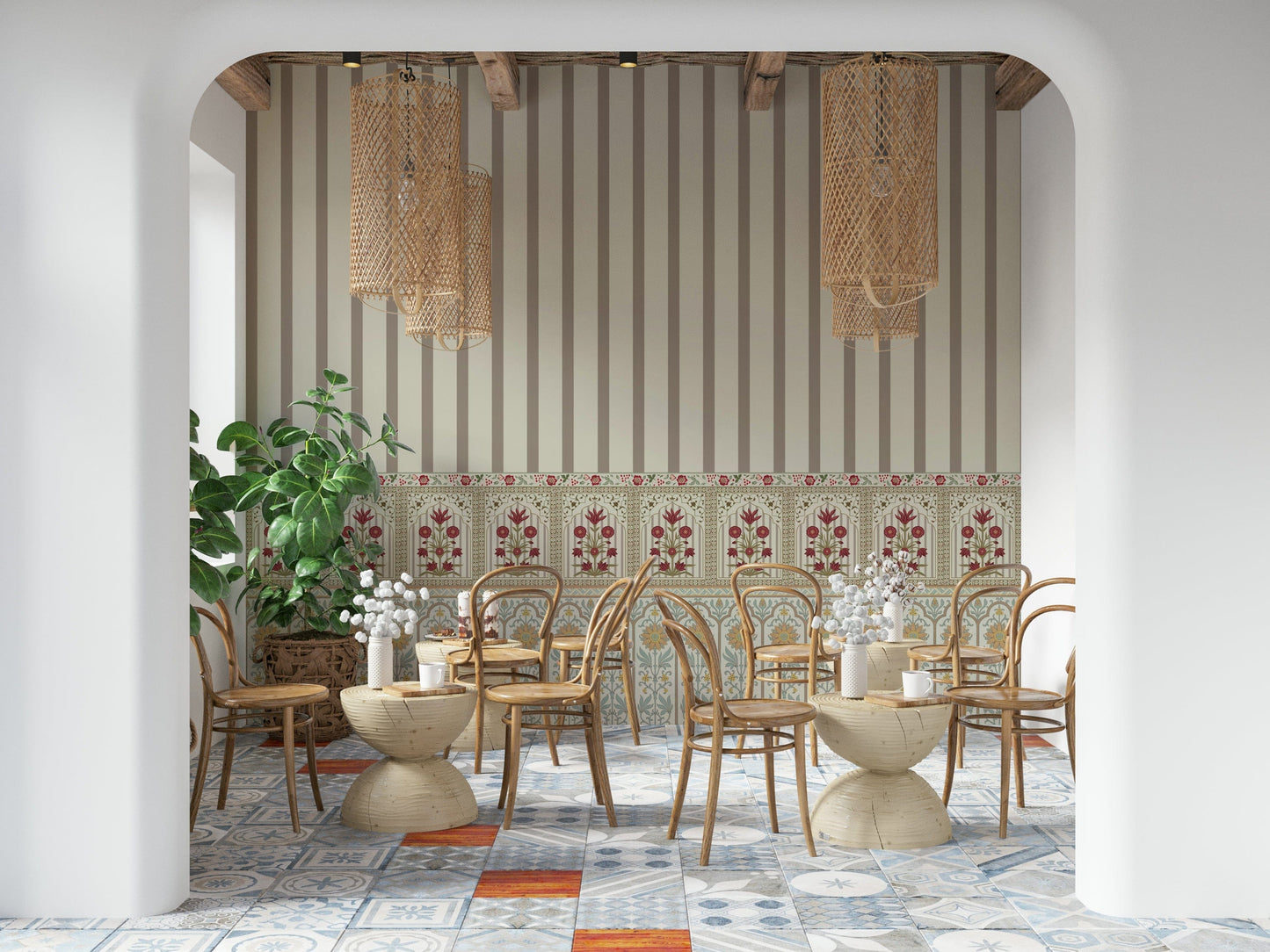 Botanical wallpaper mural featuring classic stripes and blooming flowers