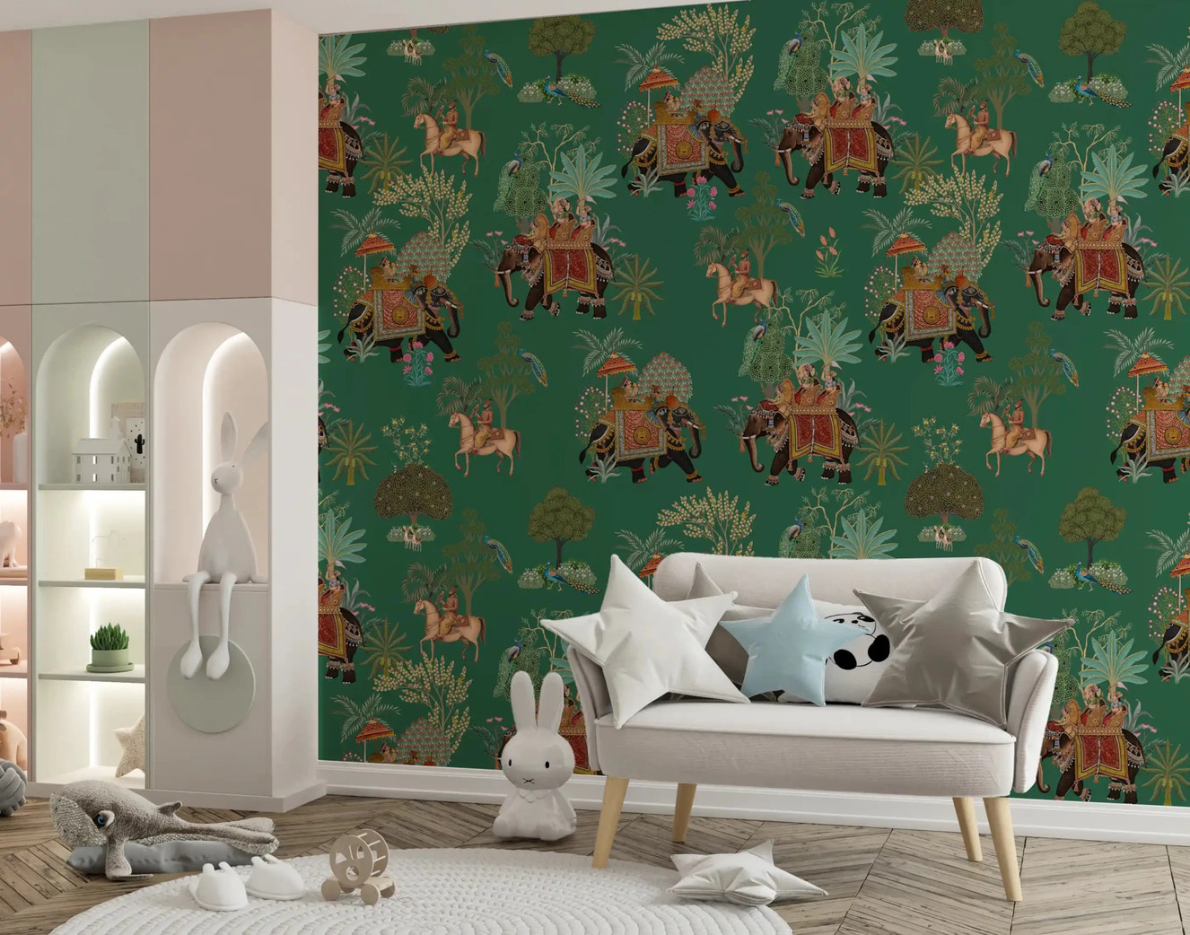 Kids Room accent wall mural with emerald jungle and royal elephants