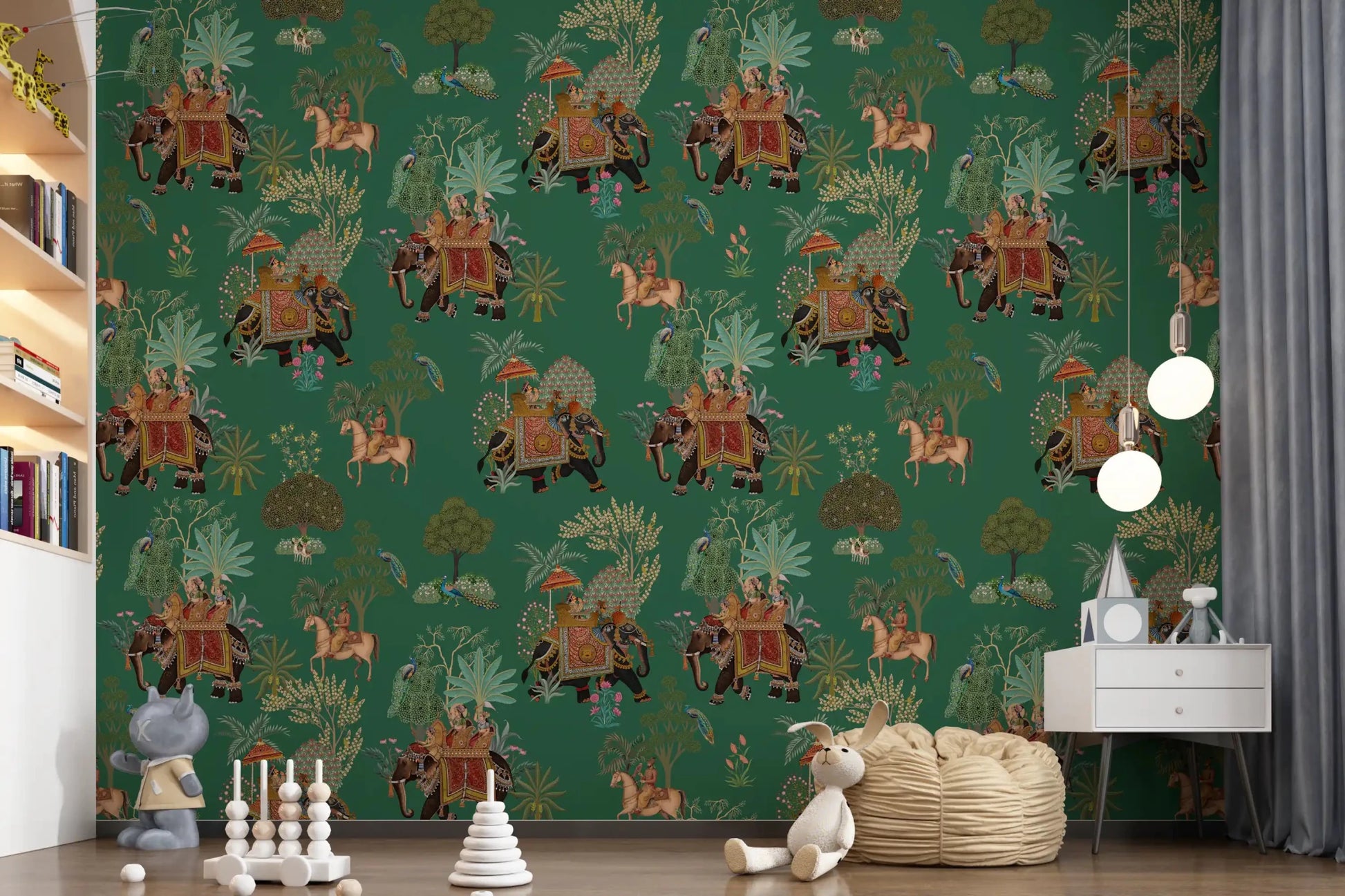 Playroom wall mural with traditional Indian procession pattern