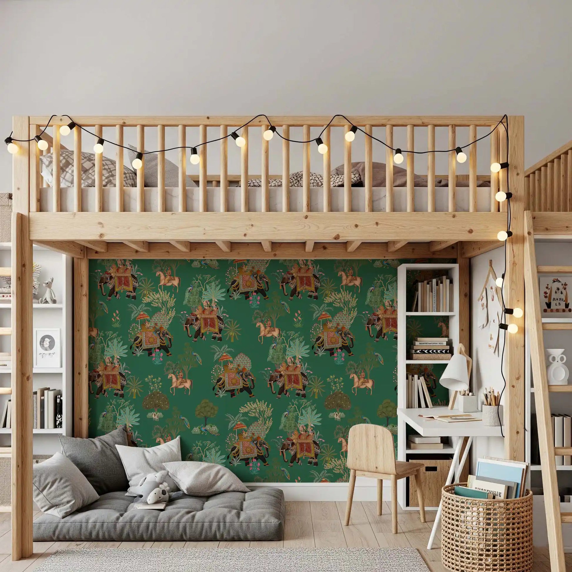 Study room wall mural with detailed Indian jungle procession scene