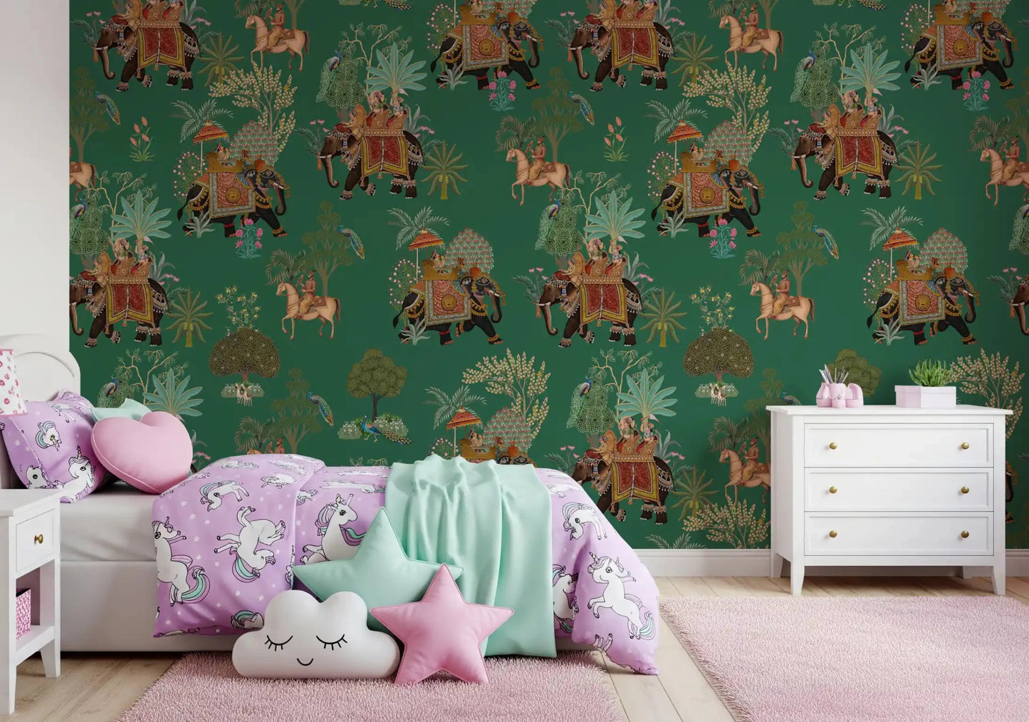 Traditional Indian procession wall mural with horses and foliage