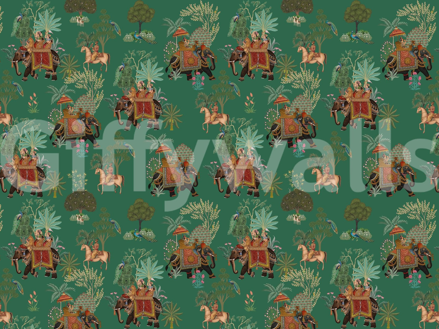 Regal Indian procession wall mural with elephants and jungle details
