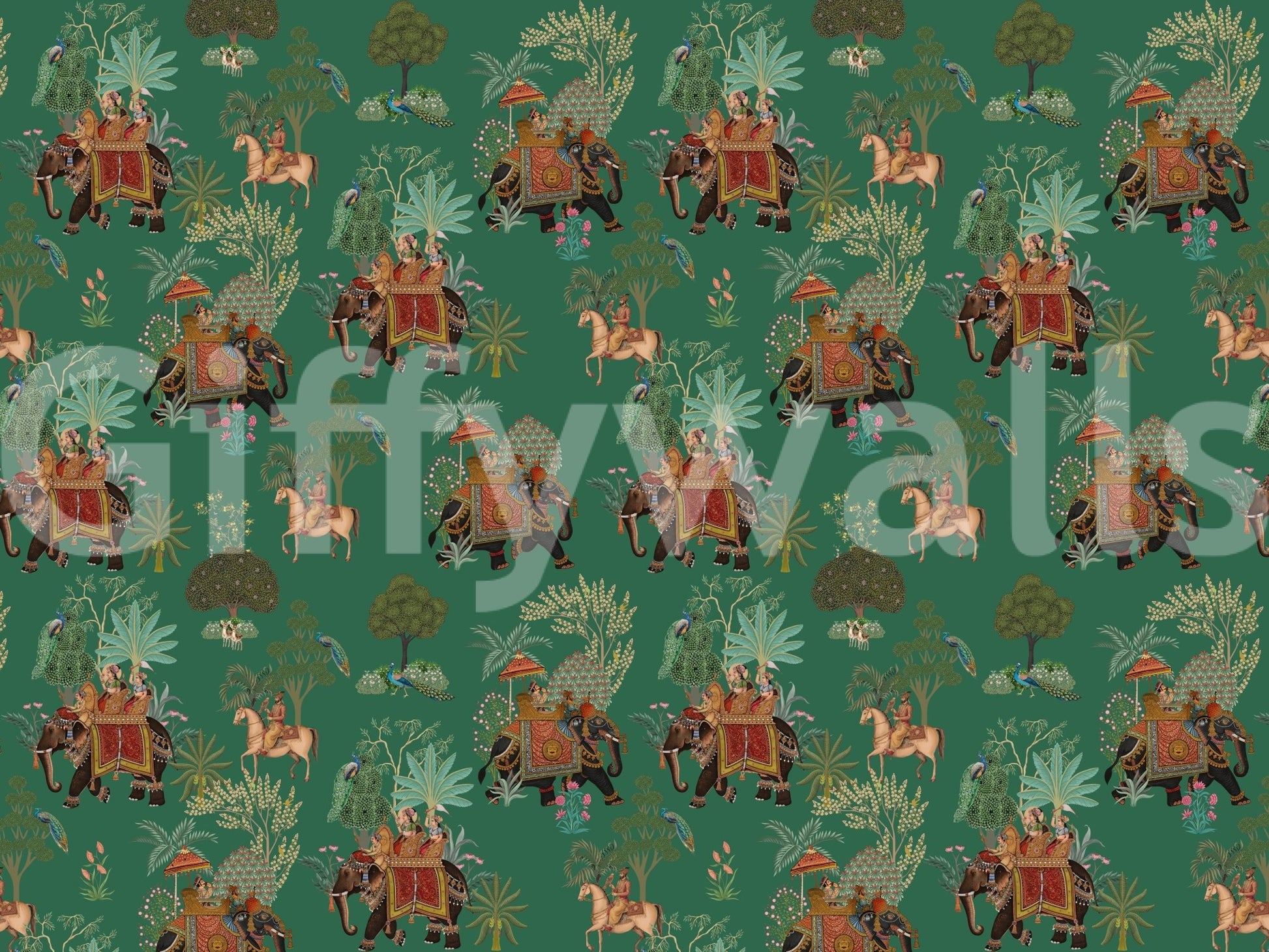 Regal Indian procession wall mural with elephants and jungle details