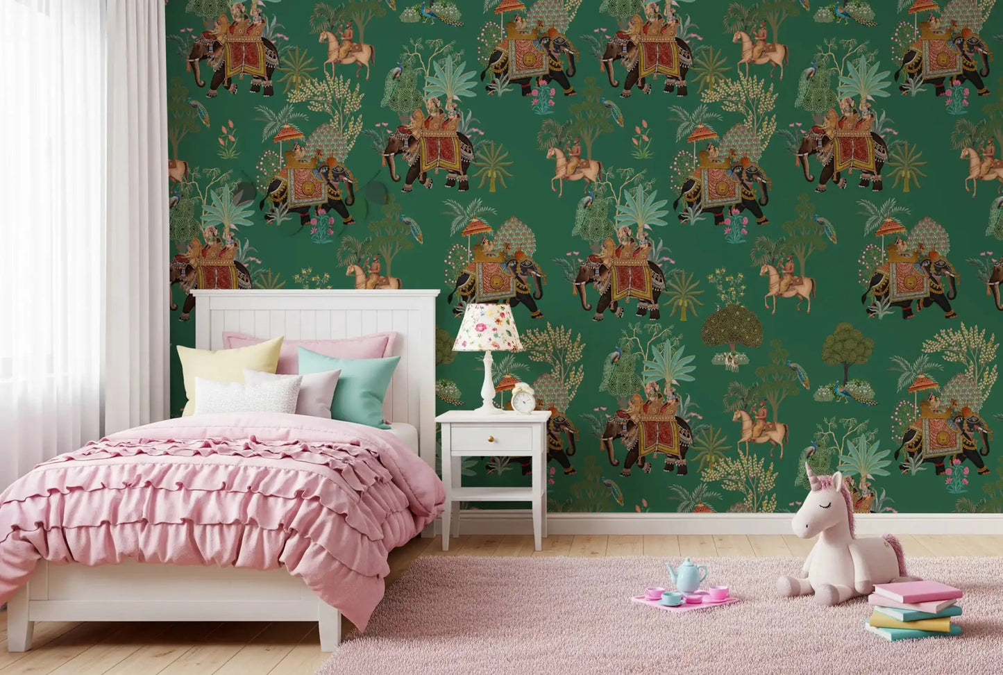 Girls room wall mural with cultural Indian heritage procession design