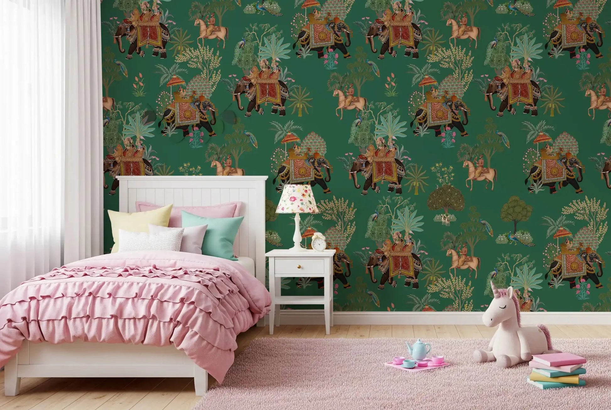 Girls room wall mural with cultural Indian heritage procession design