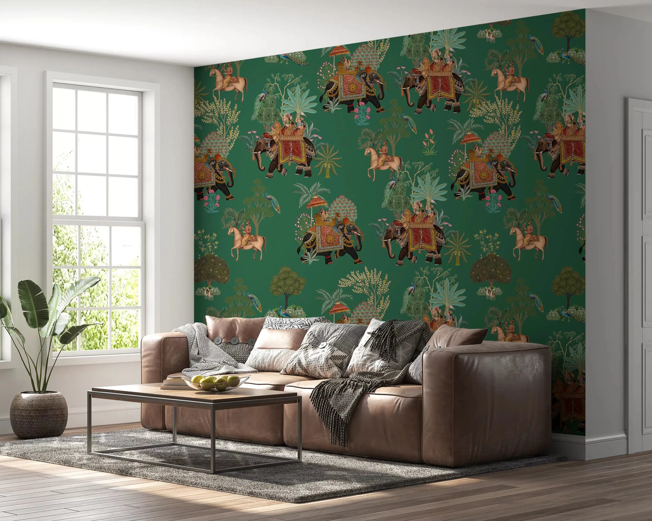 Living room feature wall mural with Indian elephant procession theme