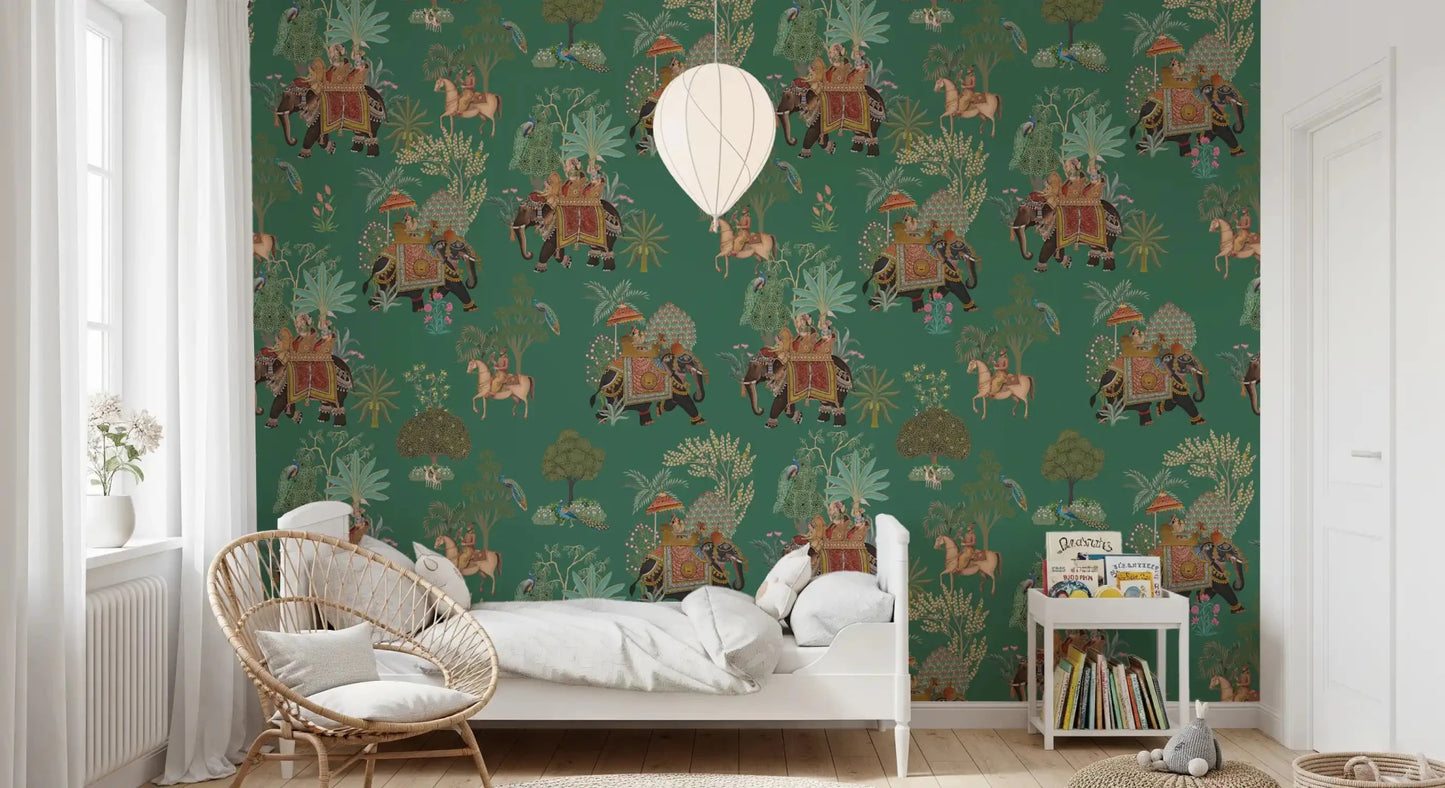 Kids room wall mural with colorful elephants and forest details