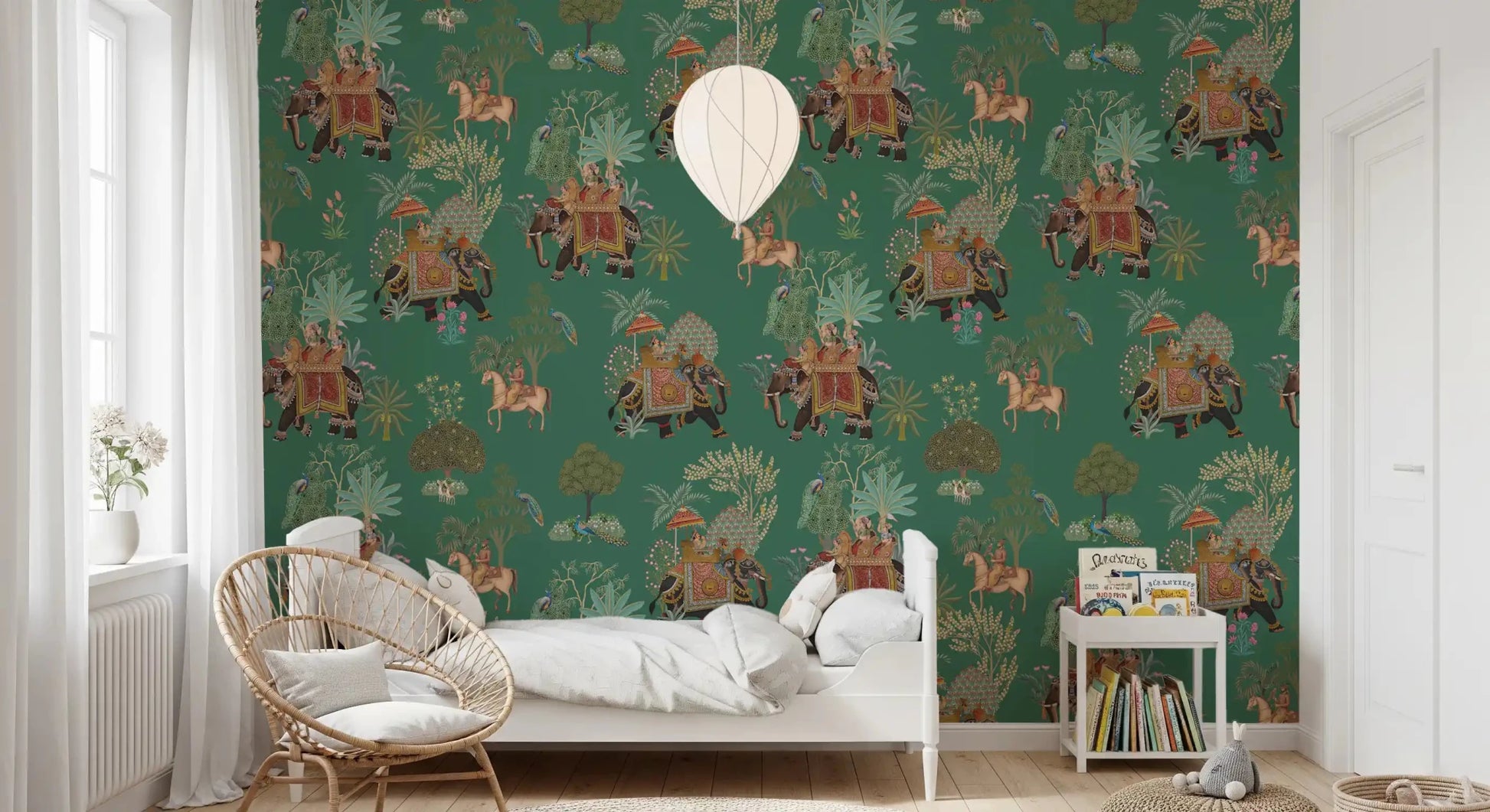 Kids room wall mural with colorful elephants and forest details