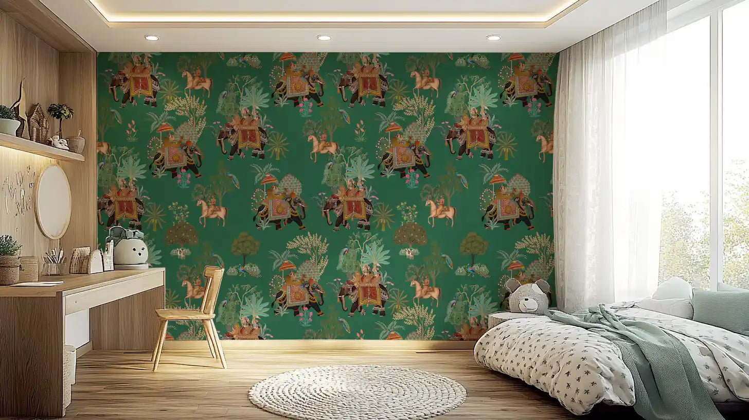 nursery area wall mural with royal elephant and jungle elements