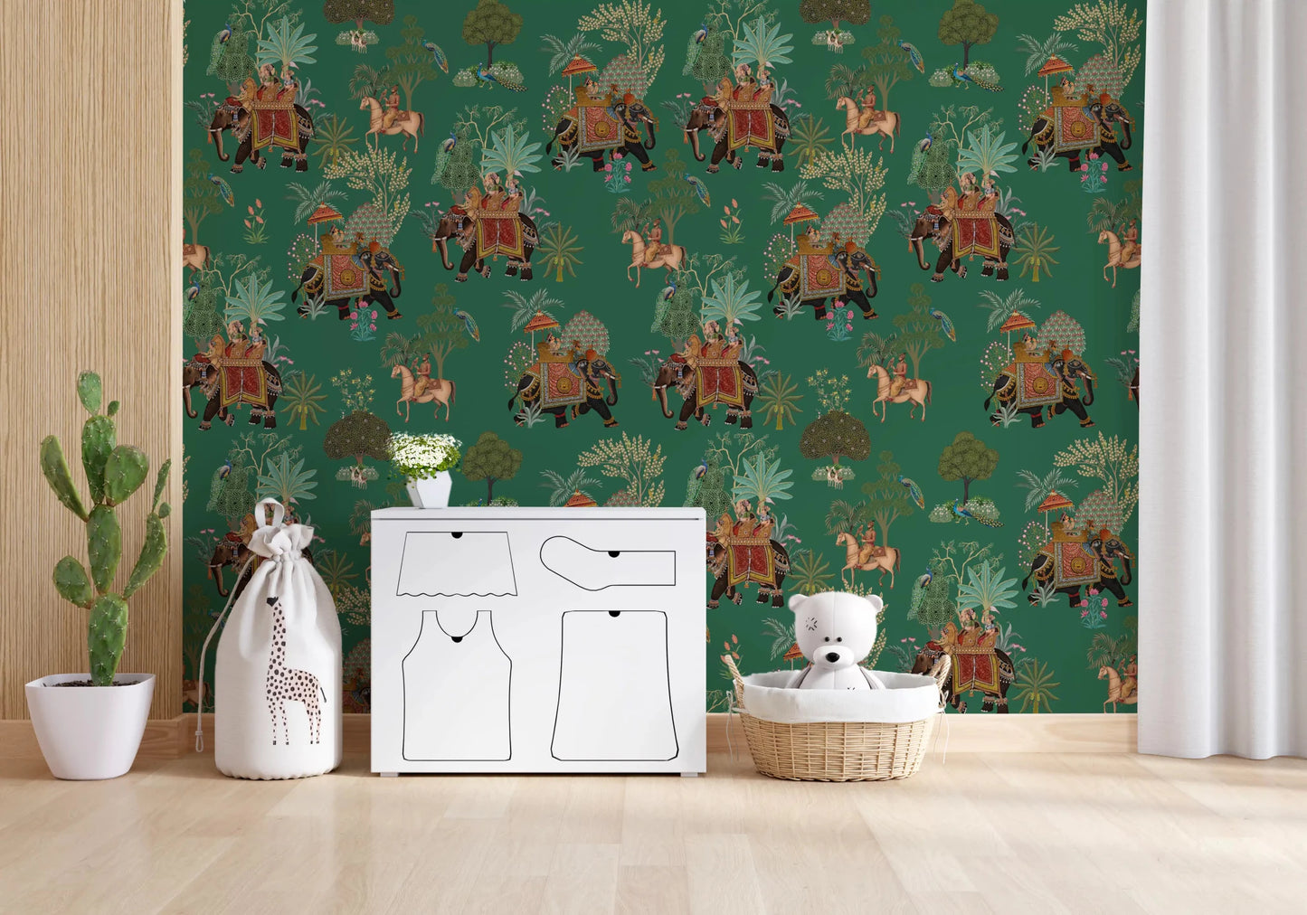 hallway wall mural with emerald background and royal animal figures