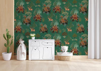 hallway wall mural with emerald background and royal animal figures