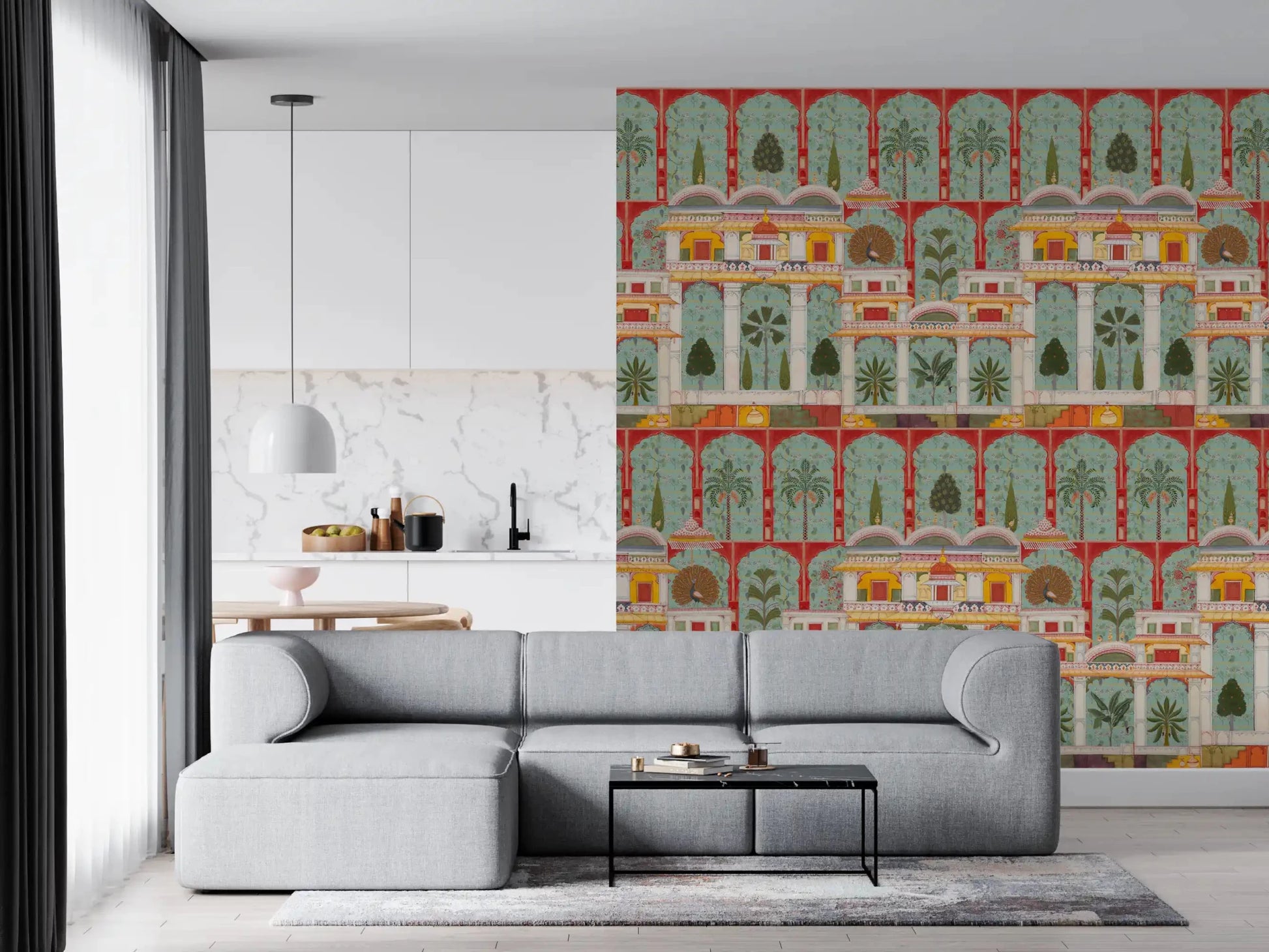 A Entryway suite displays the royal Regal Mughal Garden wall mural.