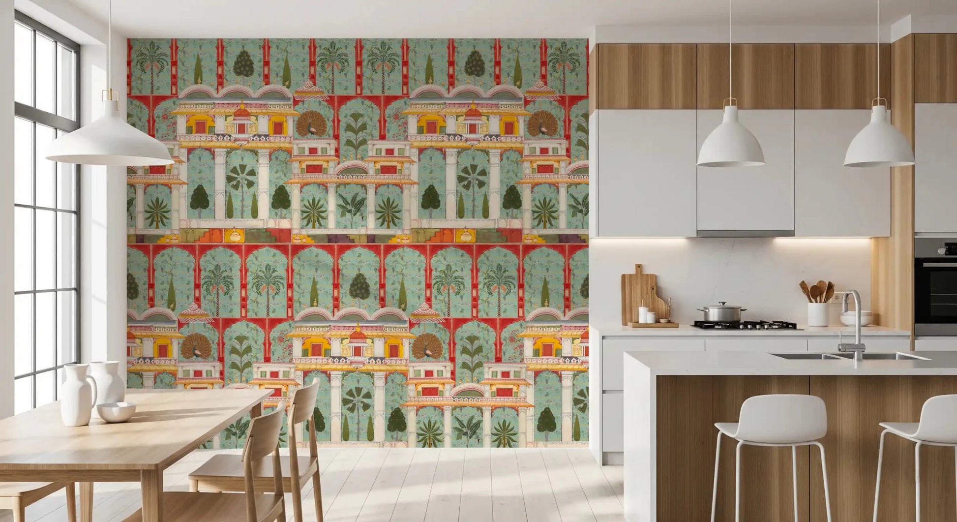 The antique Regal Mughal Garden wall mural lines a Kitchen and dining room.