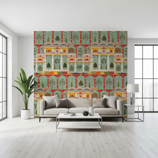 The Regal Mughal Garden wall mural creates a focal point in a living room.
