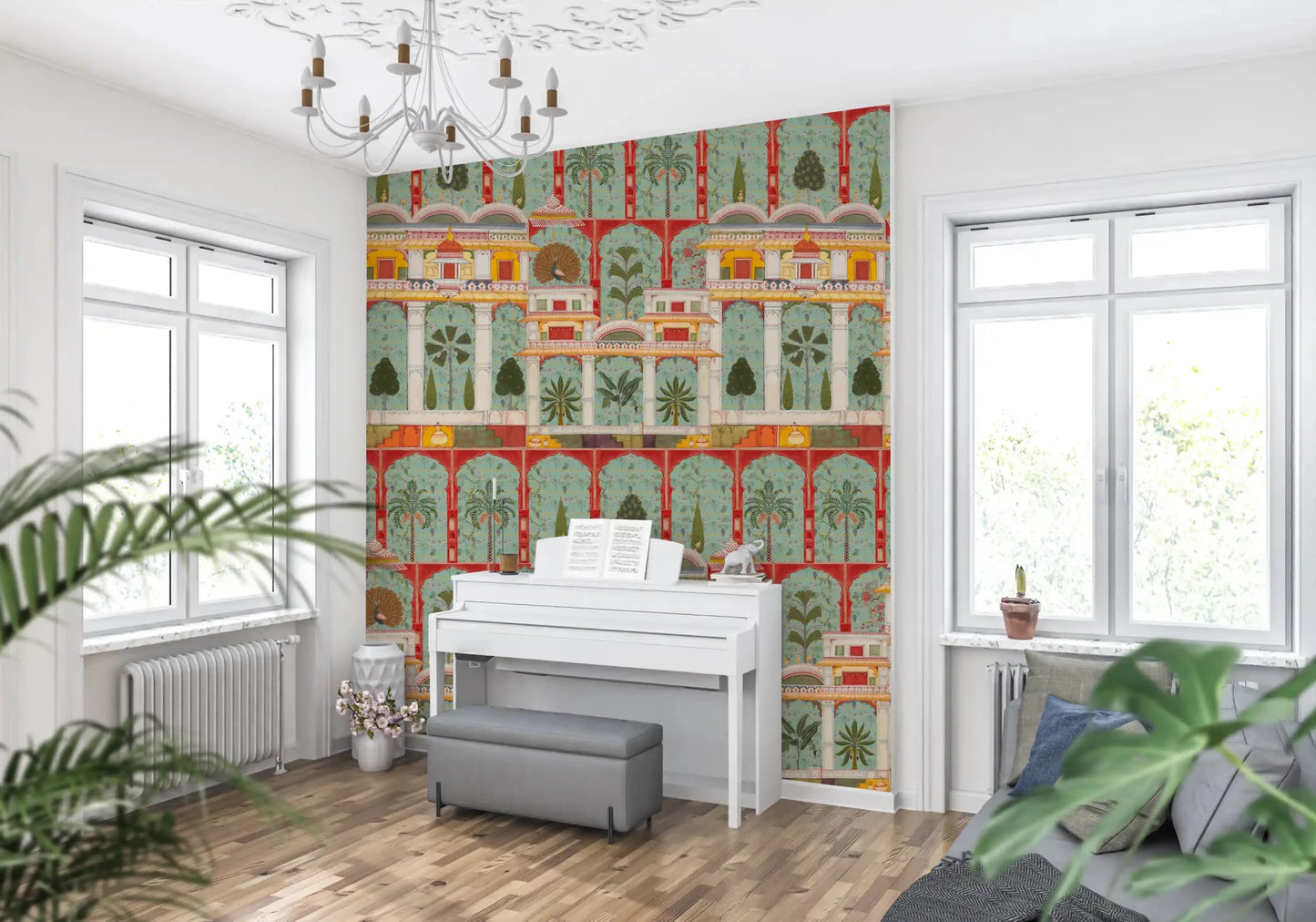 A boutique music room showcases the Regal Mughal Garden wall mural.
