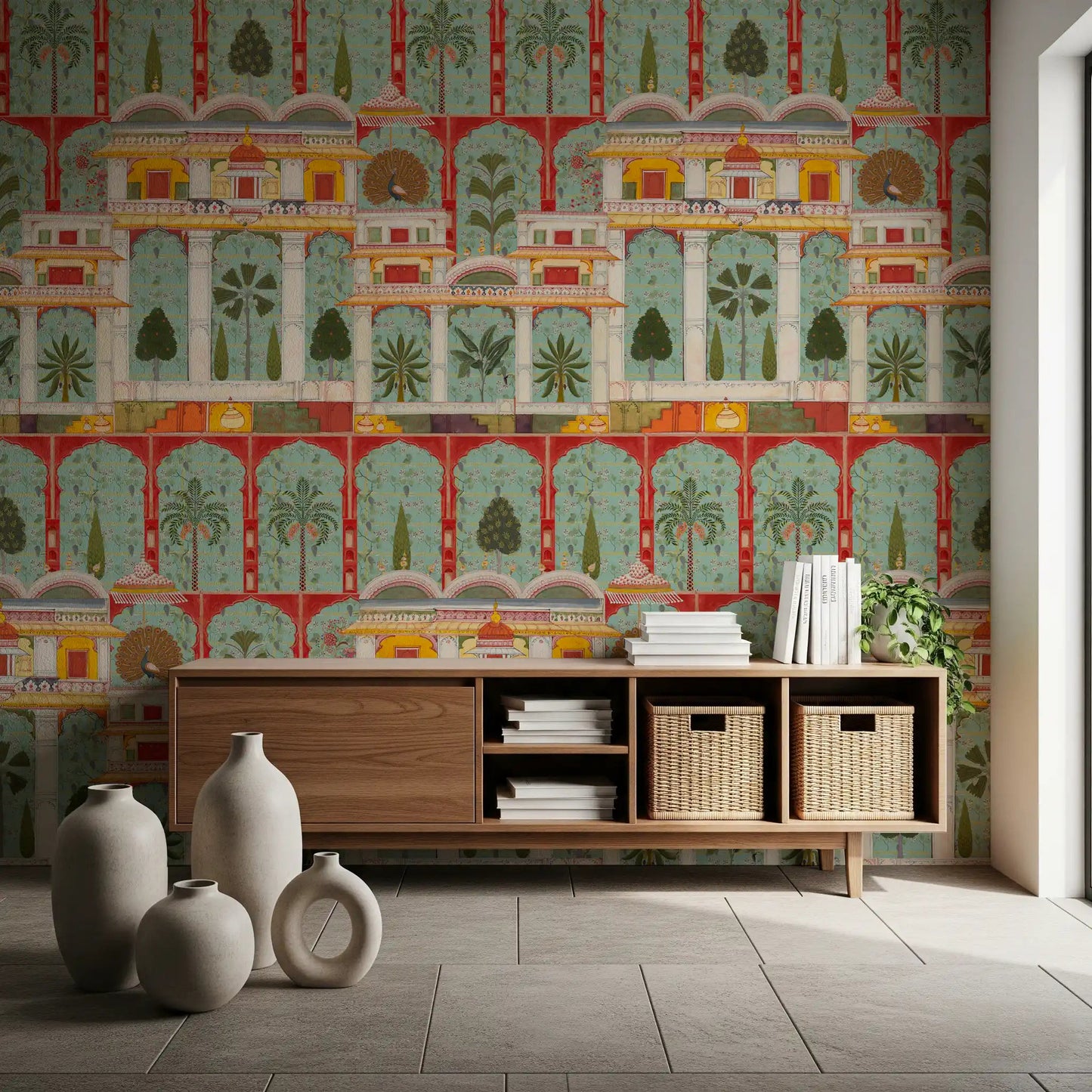 A serene Hallway features the vibrant Regal Mughal Garden wall mural.