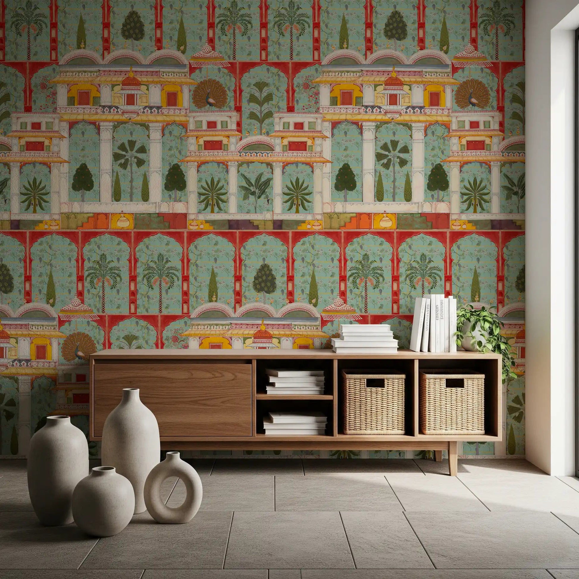 A serene Hallway features the vibrant Regal Mughal Garden wall mural.