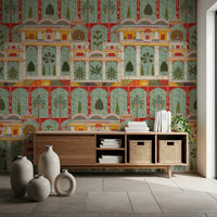 A serene Hallway features the vibrant Regal Mughal Garden wall mural.
