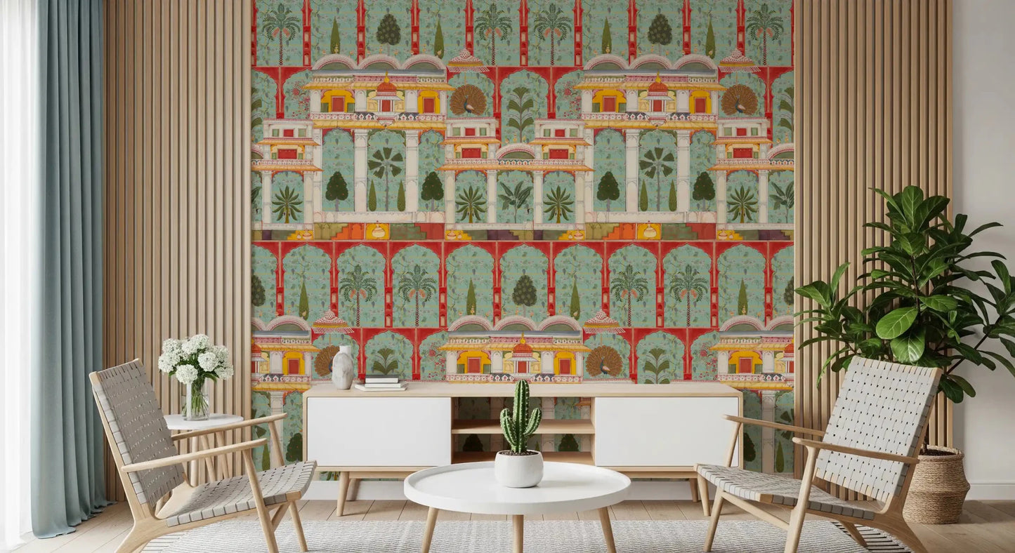 Enhance a Living area with this Regal Mughal Garden wall mural scenery.