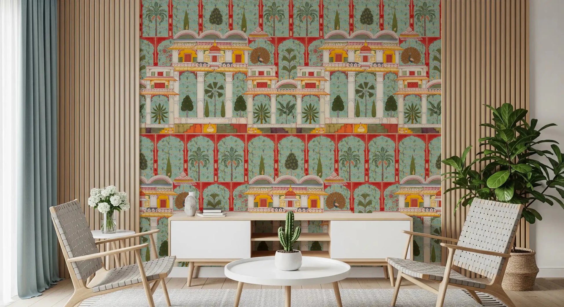 Enhance a Living area with this Regal Mughal Garden wall mural scenery.