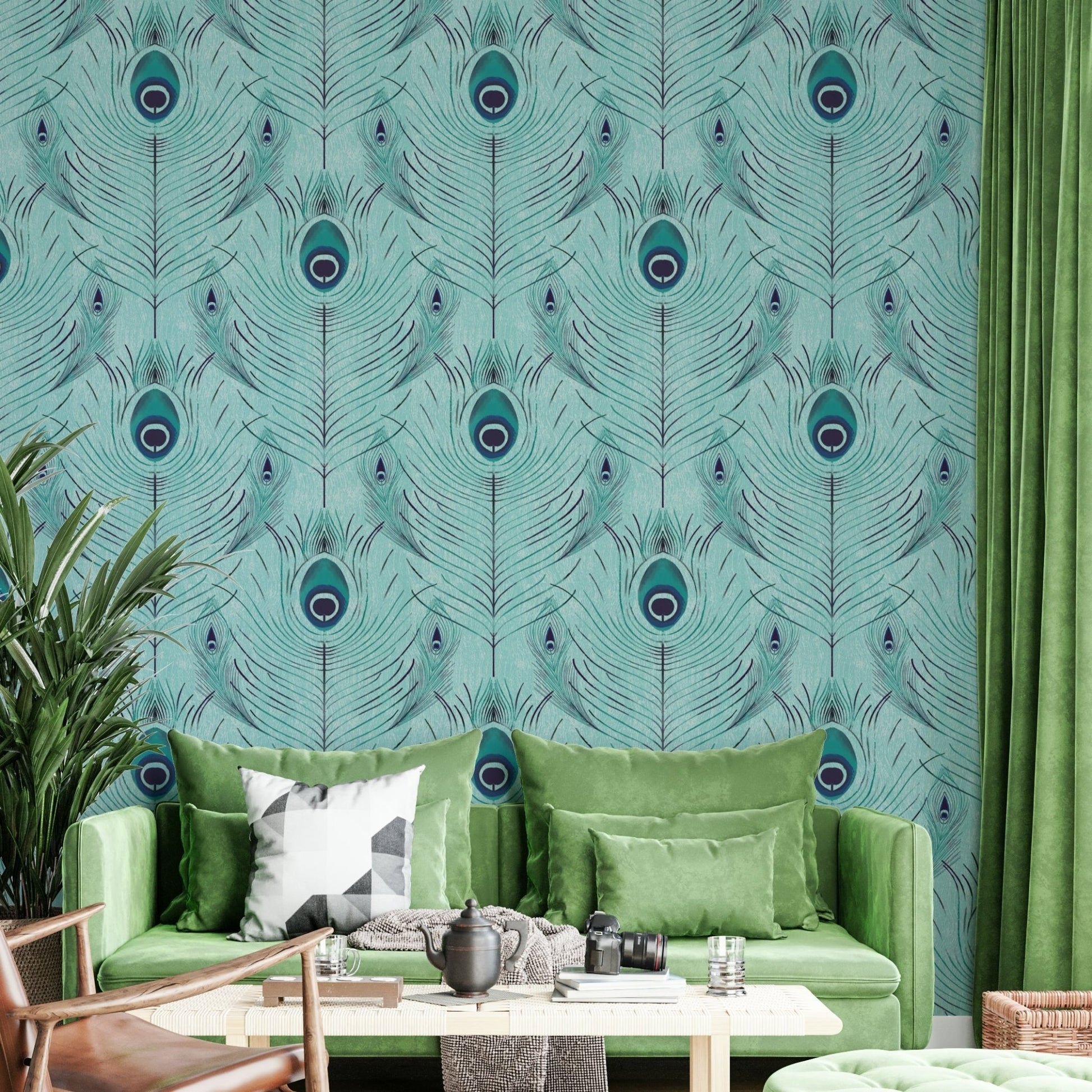 Feather print wall mural in teal

