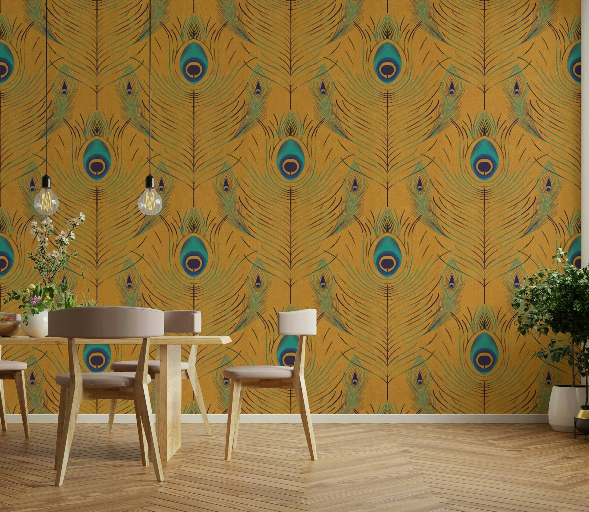 Feather pattern wallpaper in luxe tones

