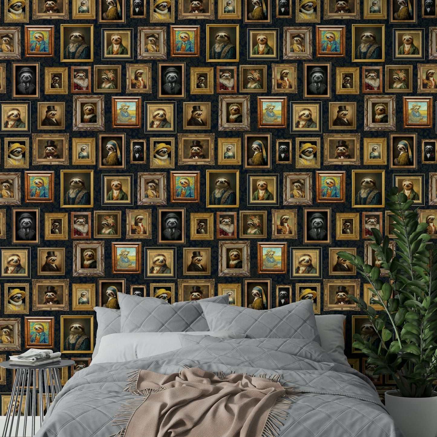 Wall mural showing a collection of artistic sloth portraits.

