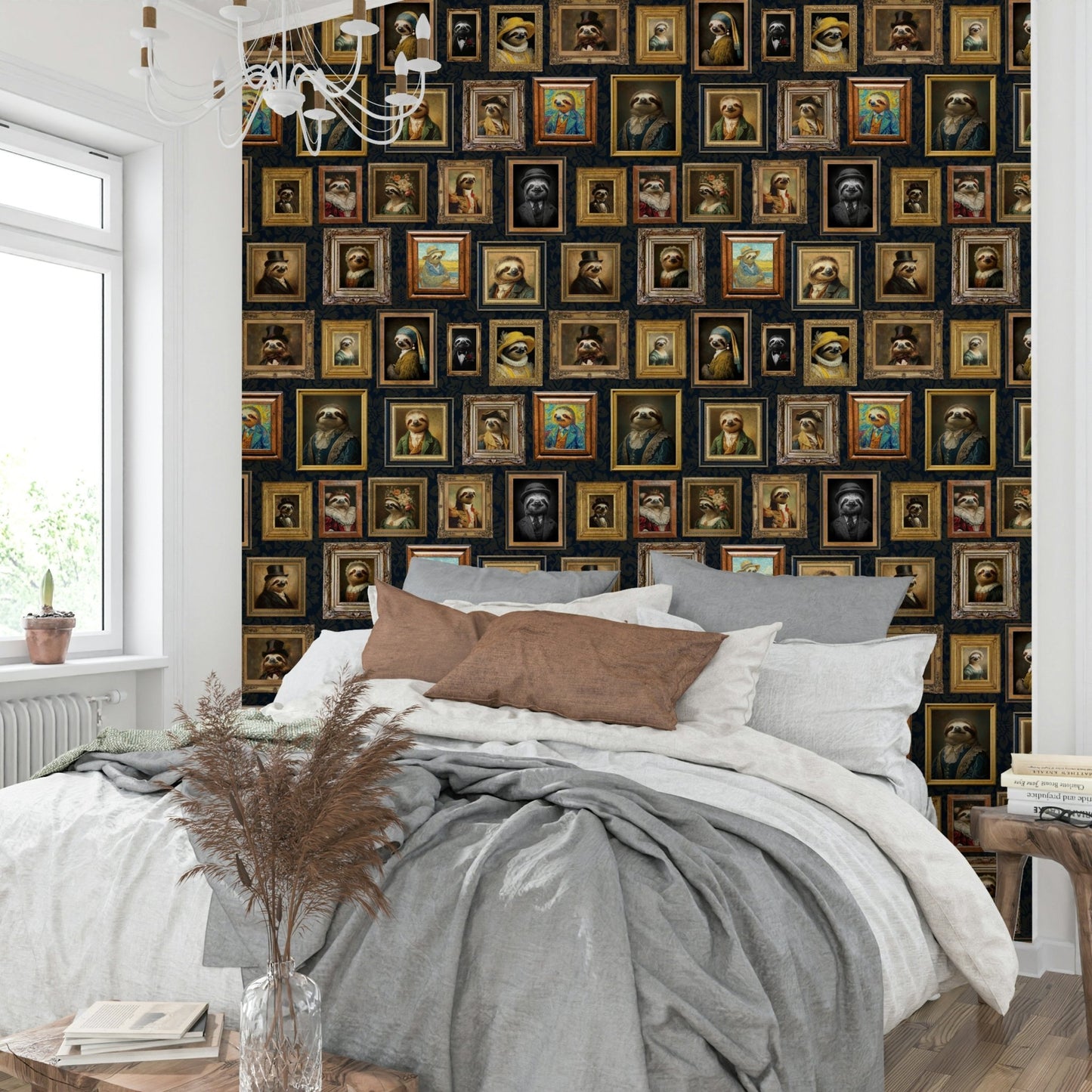 Wallpaper with sloths in a gallery portrait style.

