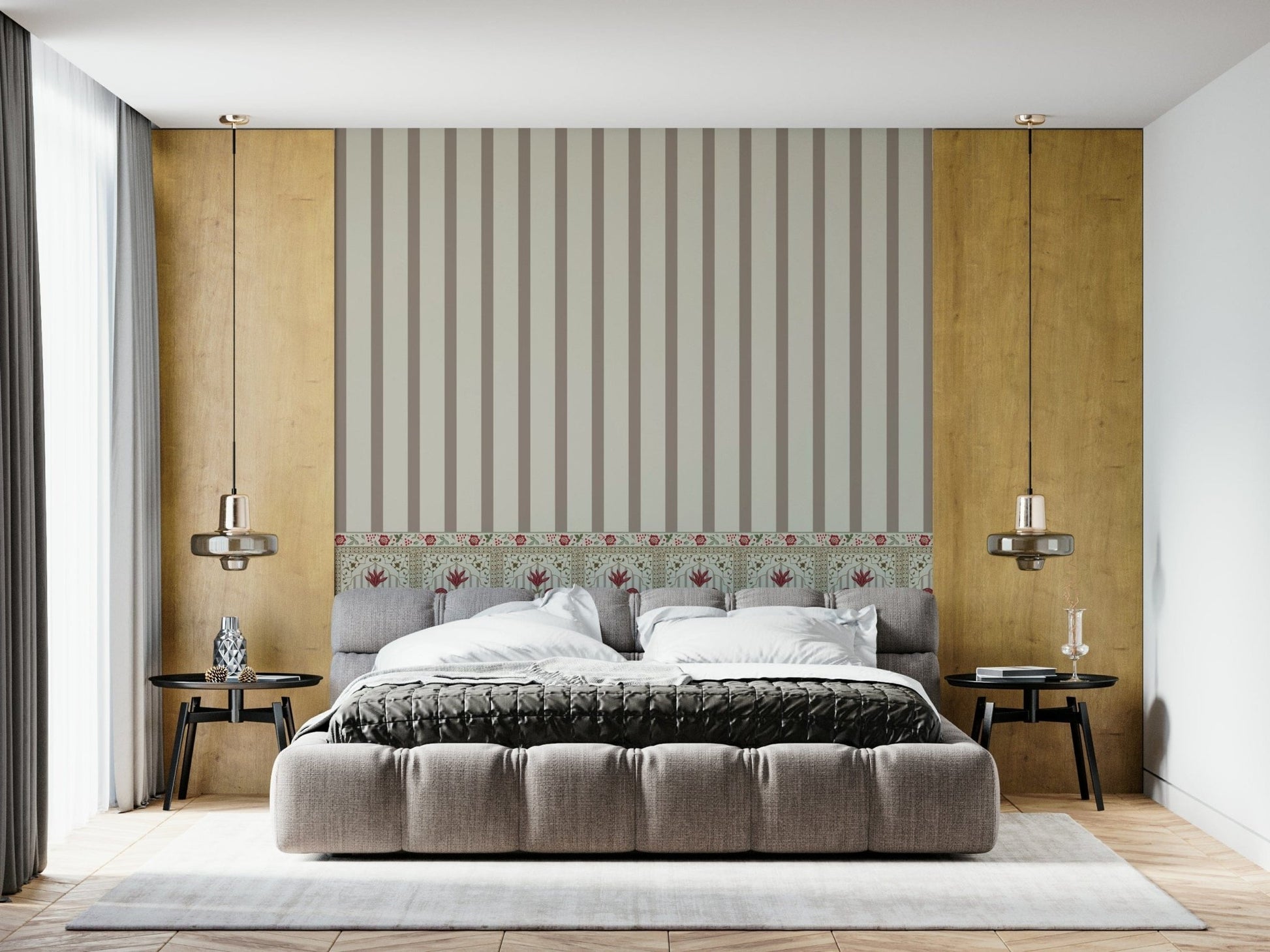 Vintage-style floral wallpaper mural with vertical stripe design