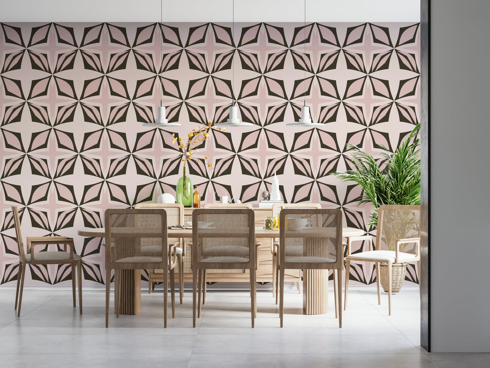 Geometric wall covering, giving a clean, tailored appearance.