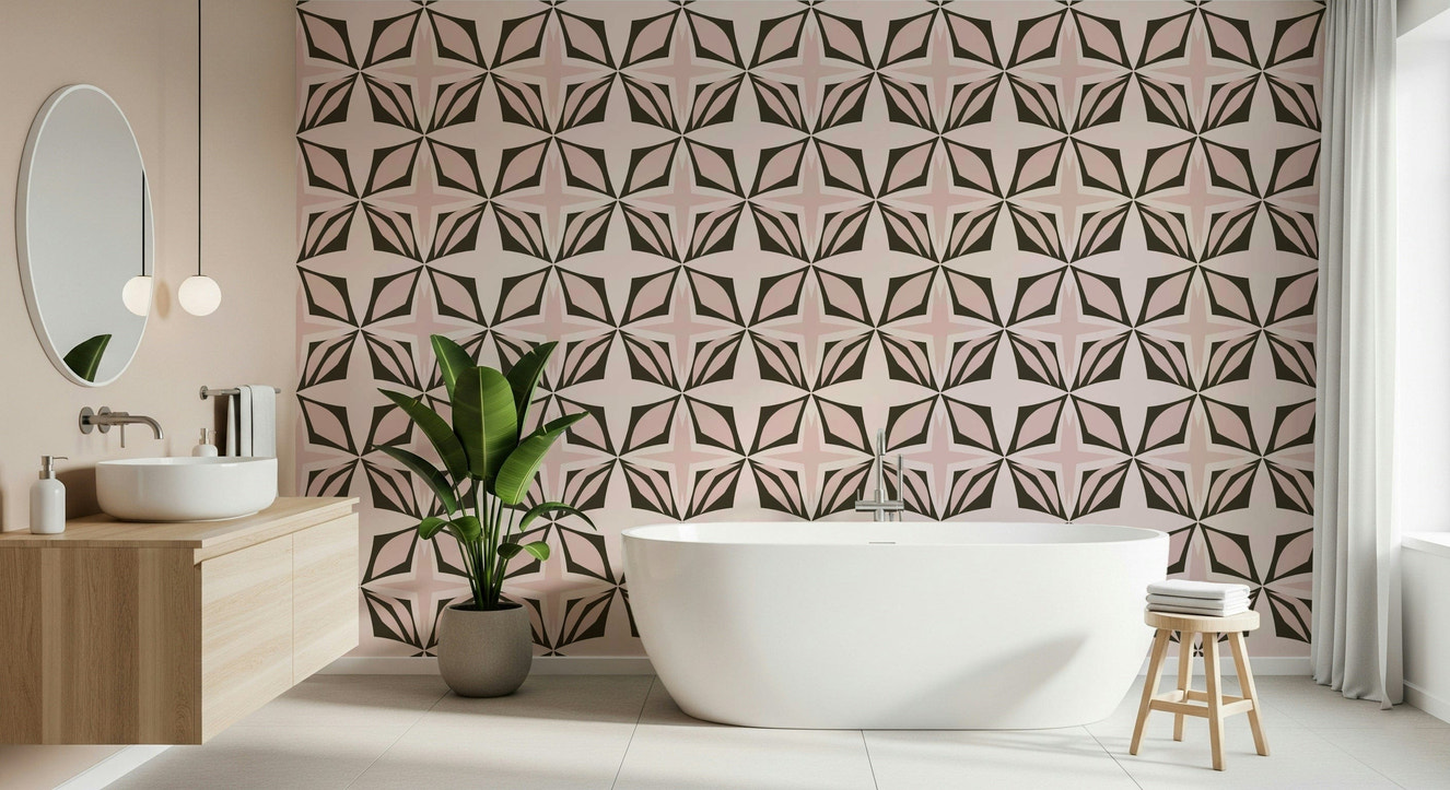 Modern wall mural, dark brown shapes on a subtle pink background.